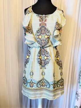 MM Couture Light Blue Paisley Cold-Shoulder Mini Dress